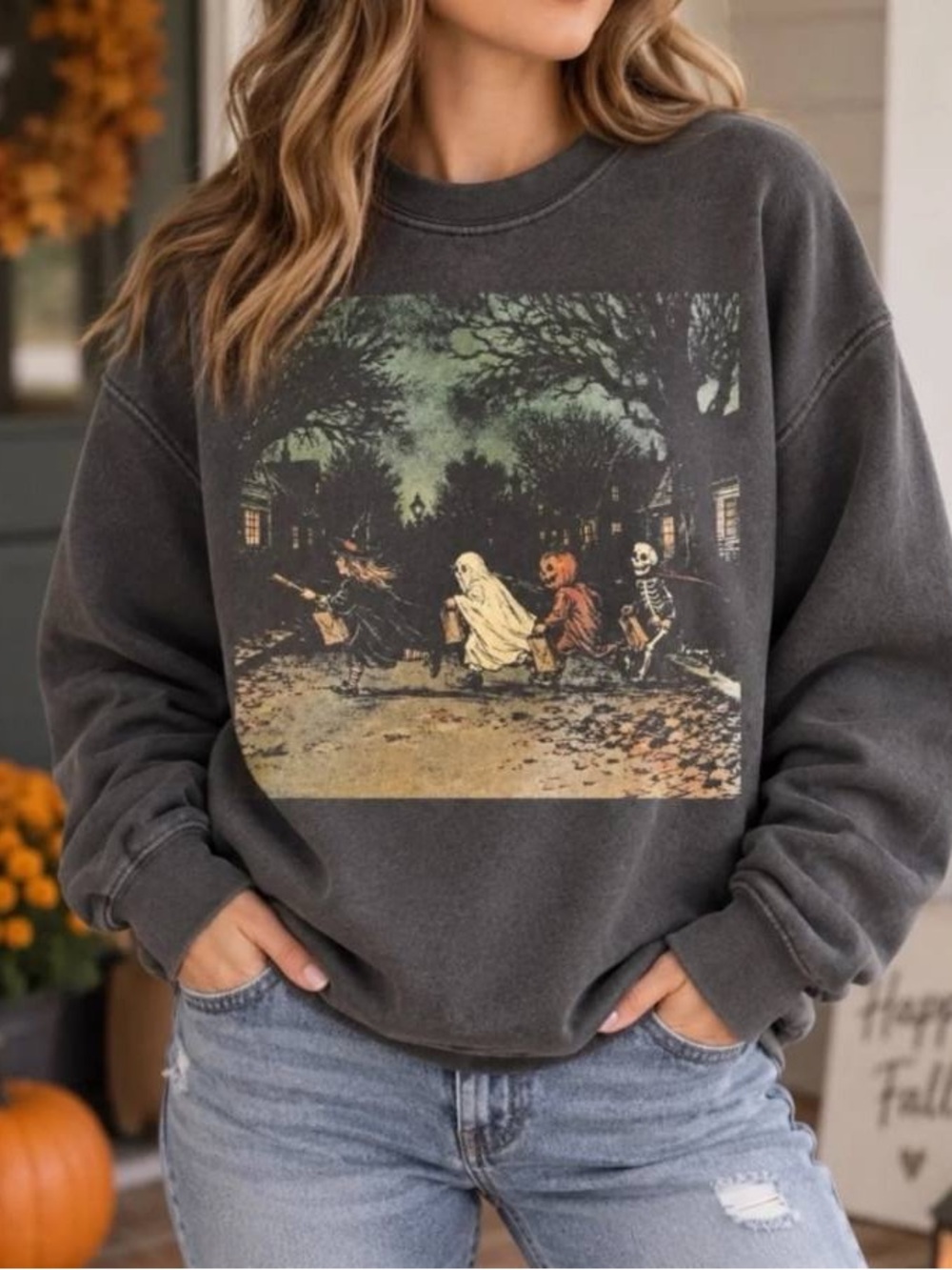 Women's Charcoal Halloween Graphic Crewneck Sweatshirt, Trick or Treat Outfit